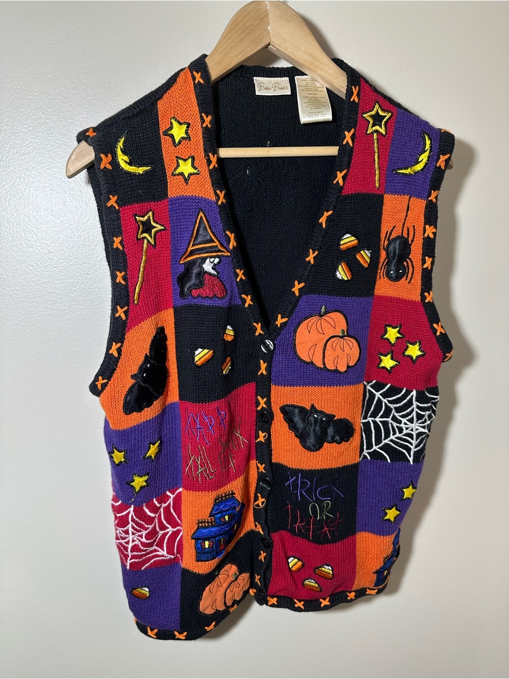 Vintage Bobbie Brooks Lg Halloween Knit Sweater Vest Pumpkin Witch Spooky 90s